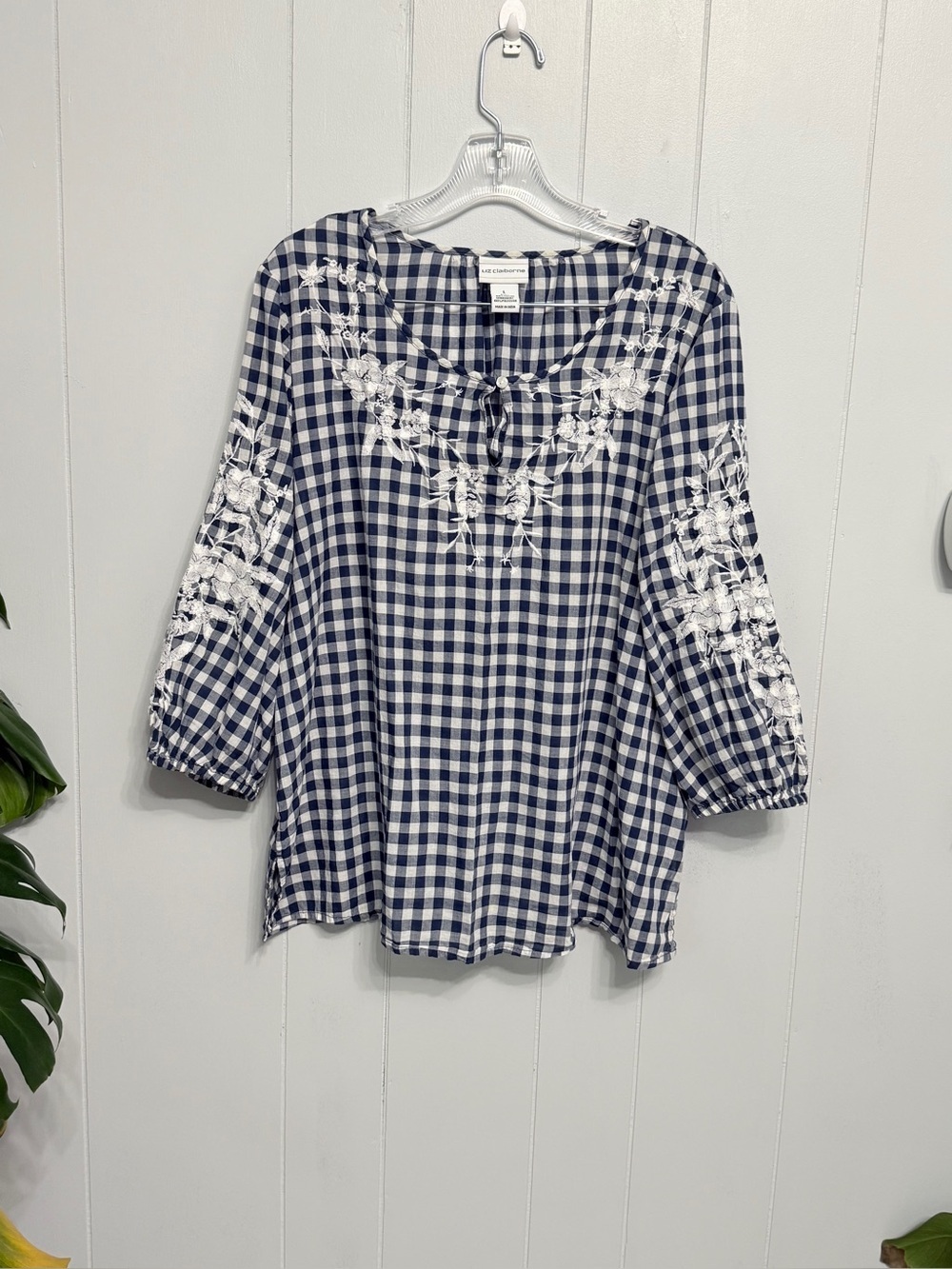 #19) Liz Claiborne Navy & White Gingham Embroidered Peasant Top